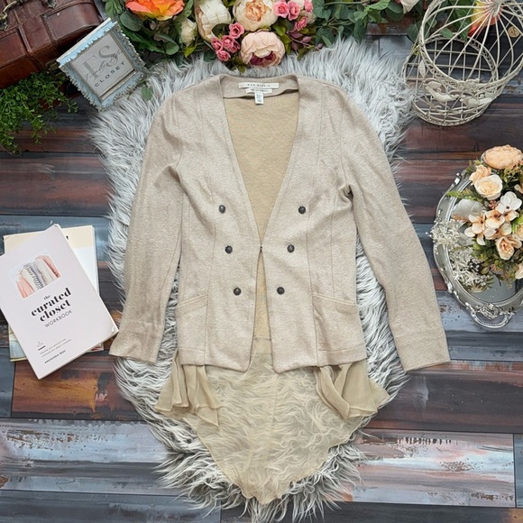 Max Studio 2 Ply Cashmere Beige sheer Panel High-Low Jacket - Picture 3 of 11